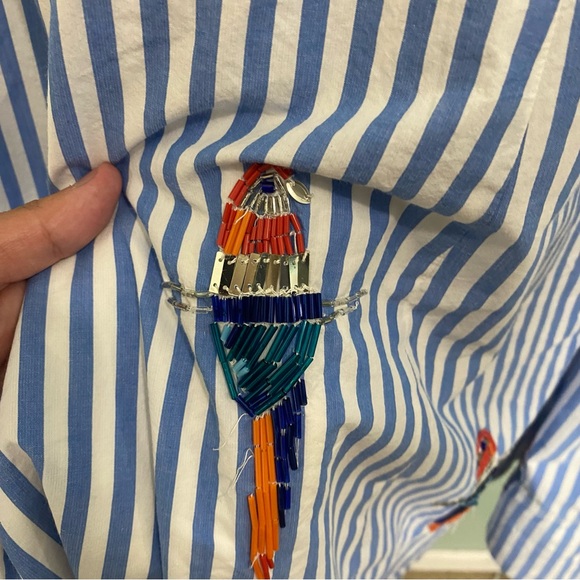 Anthropologie Maeve Tie Back A Line Maxi Dress Striped Blue Beaded Birds 22W - Picture 14 of 16